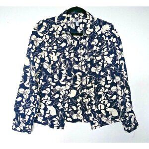 Womens Old Navy Shirt Size M Floral Career Top 100% Cotton Blue Ivory L/S EUC